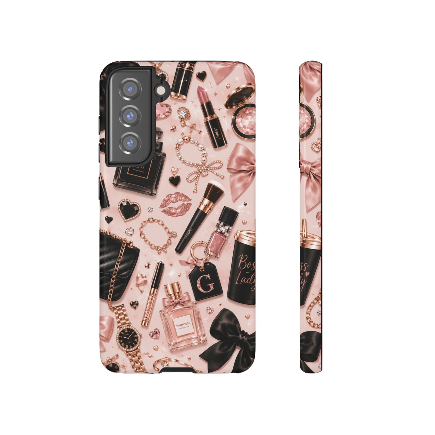 Sunflower Porch Co Glam Makeup Pattern Phone Case | Rose Gold Cosmetics, Perfume, Lipstick