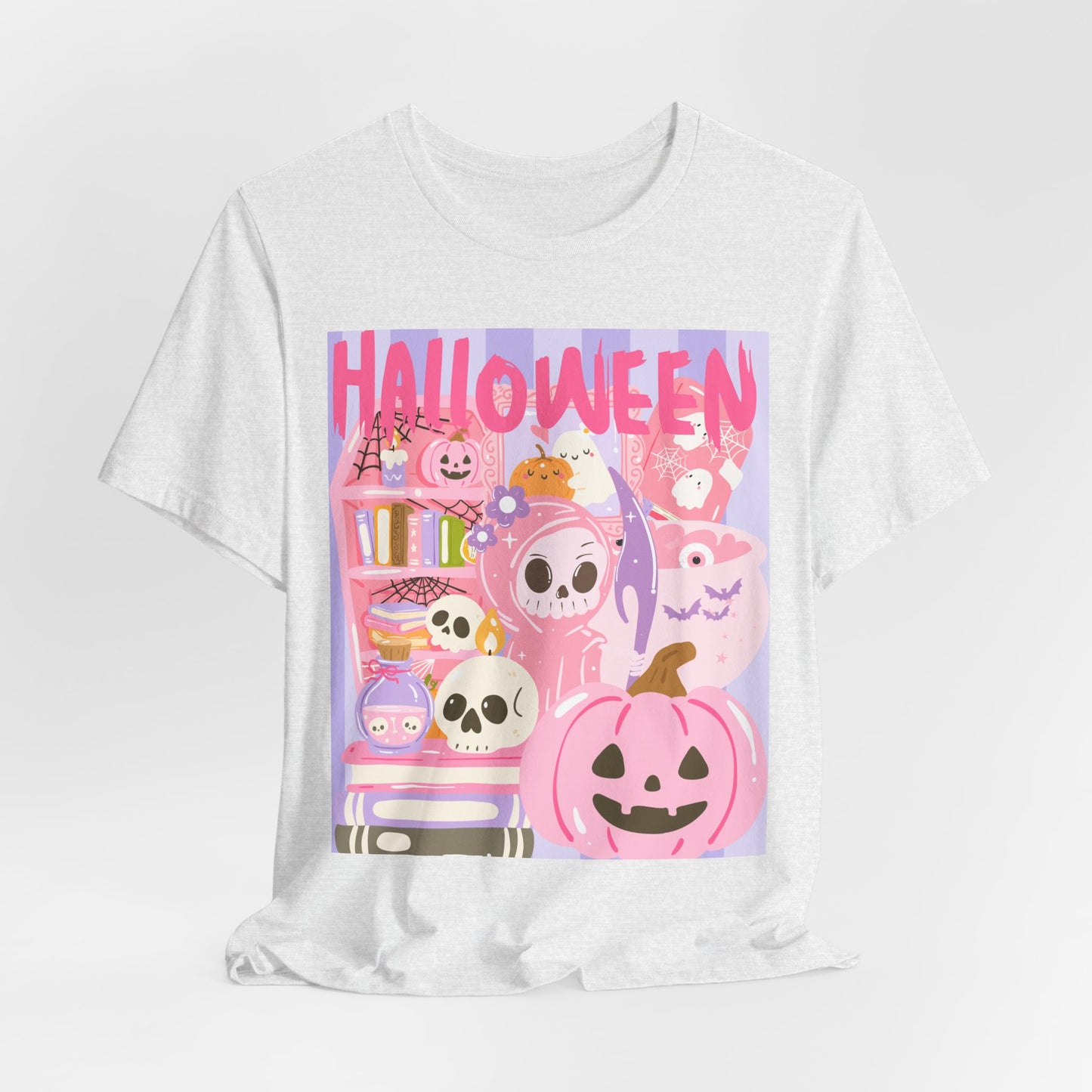 SunflowerPorchCo Pink Cute Halloween Characters Tee | Jack-o'-Lantern Skulls Candy