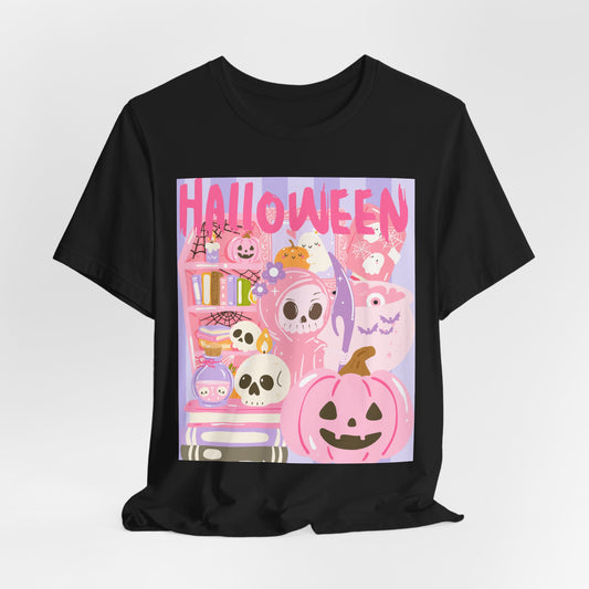 SunflowerPorchCo Pink Cute Halloween Characters Tee | Jack-o'-Lantern Skulls Candy