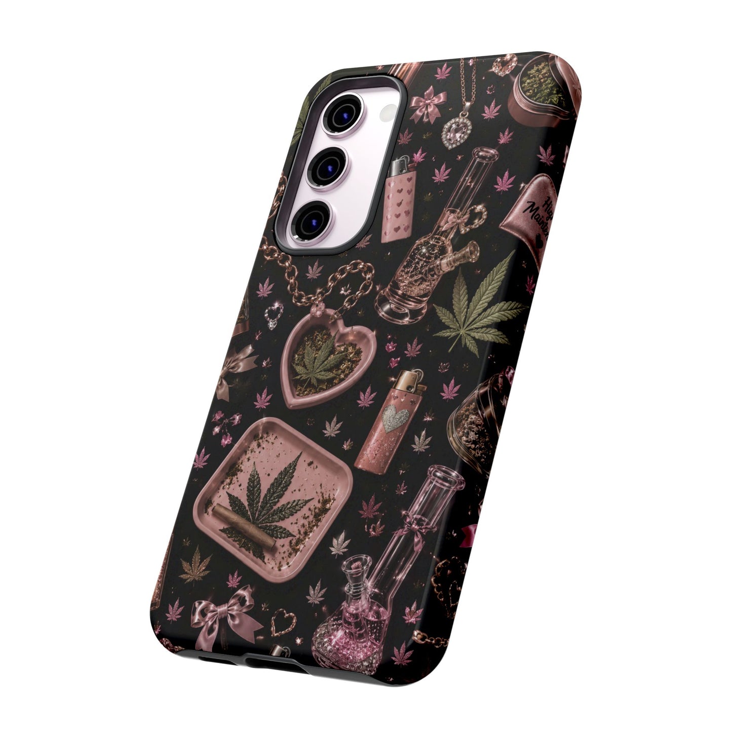 Sunflower Porch Co Pink Cannabis Pattern Tough Case | Weed Leaf Phone Case, Grinder & Lighter Design