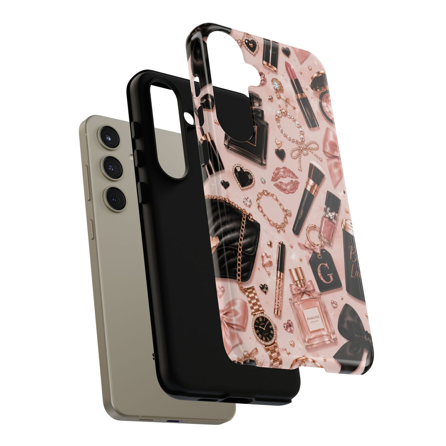 Sunflower Porch Co Glam Makeup Pattern Phone Case | Rose Gold Cosmetics, Perfume, Lipstick
