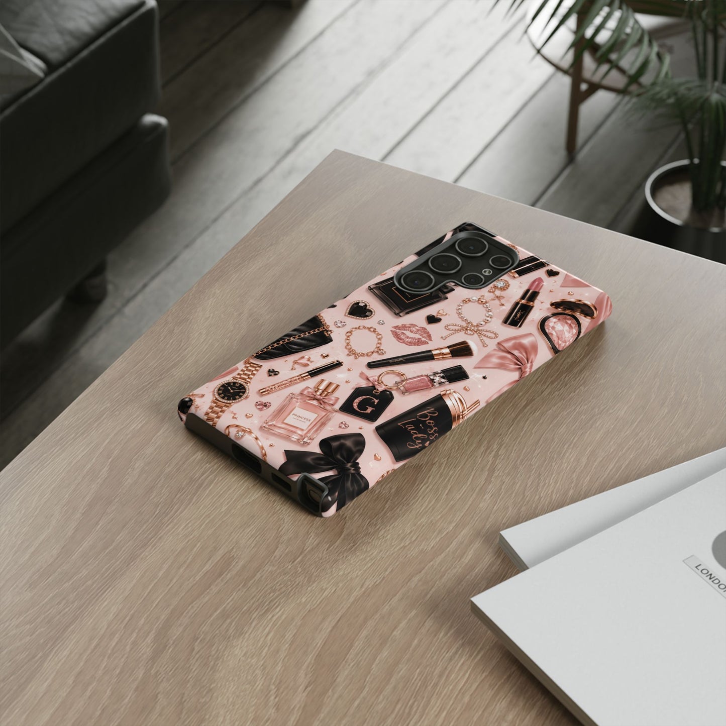 Sunflower Porch Co Glam Makeup Pattern Phone Case | Rose Gold Cosmetics, Perfume, Lipstick