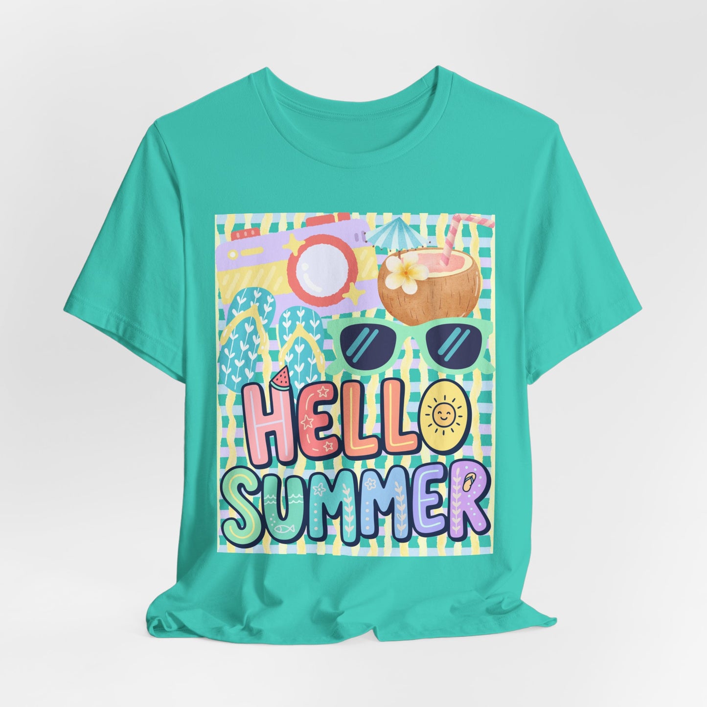 Sunflower Porch Co Hello Summer graphic tee | Summer sunglasses coconut flip flops shirt