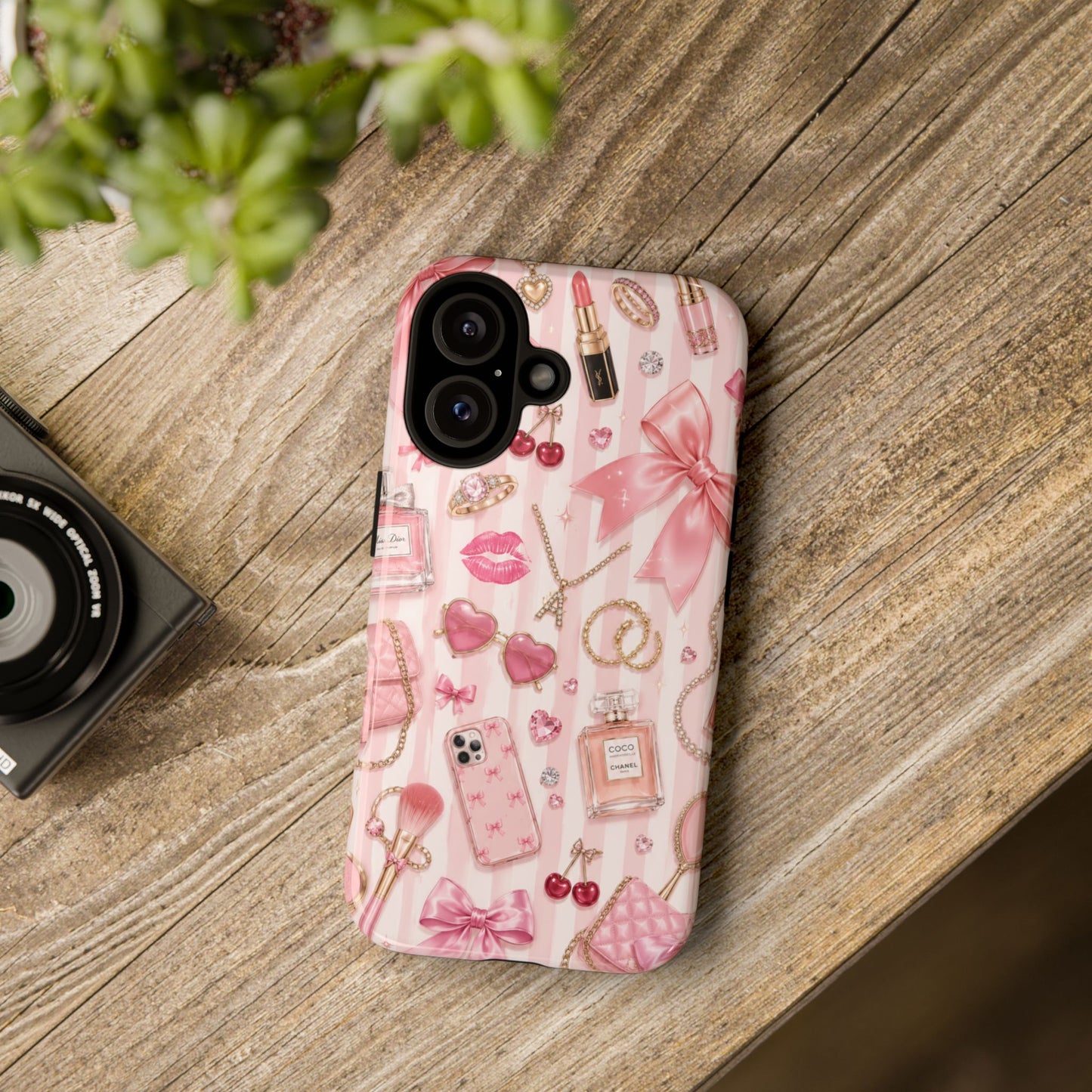 Pink Glam Pattern phone case | Makeup, bows, perfume, lipstick design
