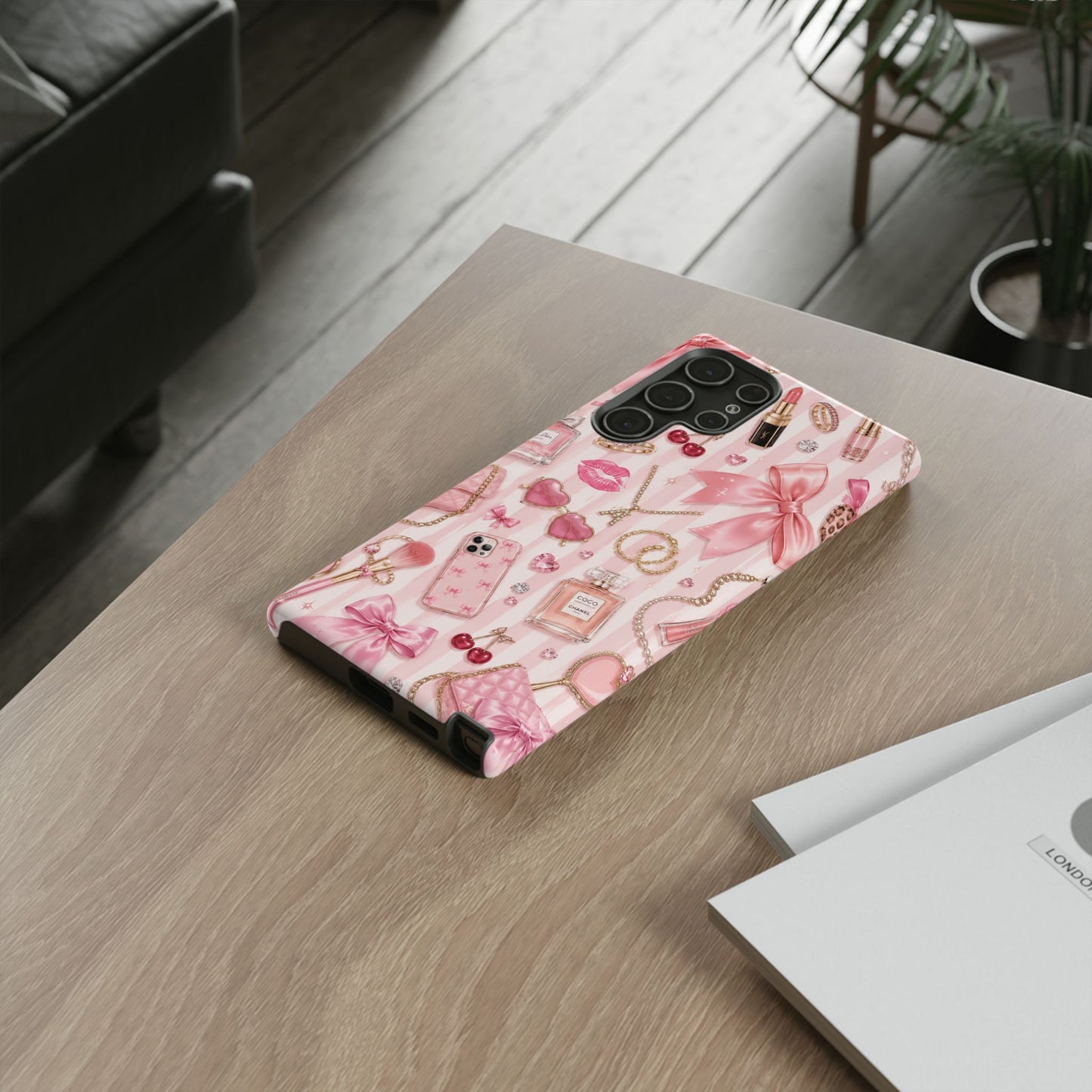 Pink Glam Pattern phone case | Makeup, bows, perfume, lipstick design