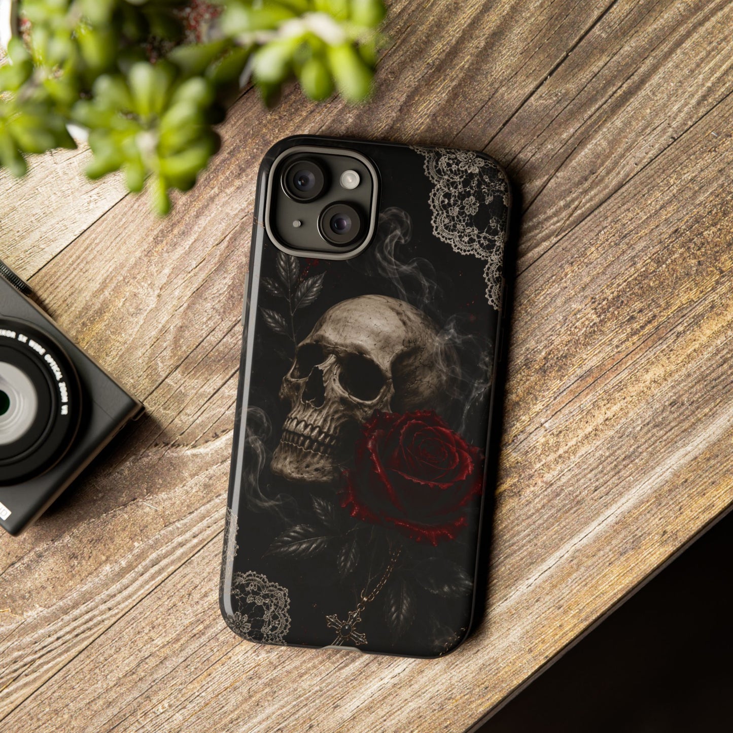 Sunflower Porch Co Skull with Red Rose phone case | Tough Cases