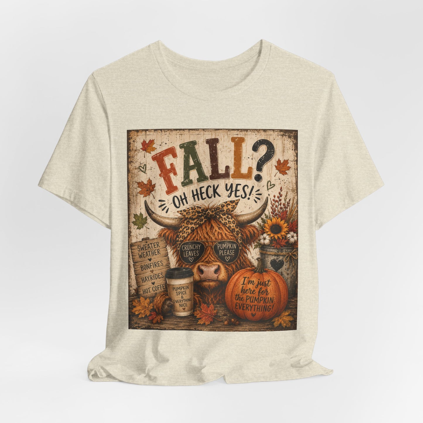 Sunflower Porch Co Fall? Oh Heck Yes! Highland Cow Pumpkin Tee | Autumn Coffee Leaves Shirt