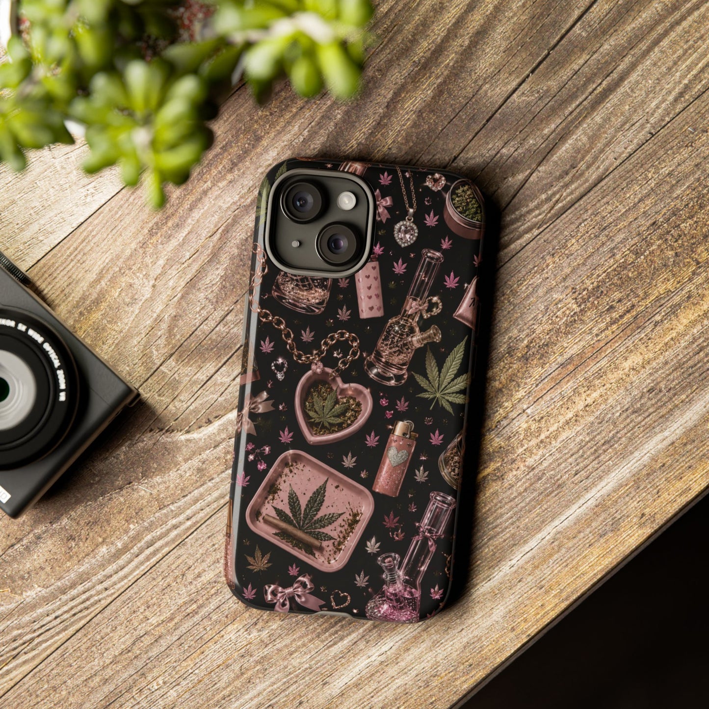 Sunflower Porch Co Pink Cannabis Pattern Tough Case | Weed Leaf Phone Case, Grinder & Lighter Design