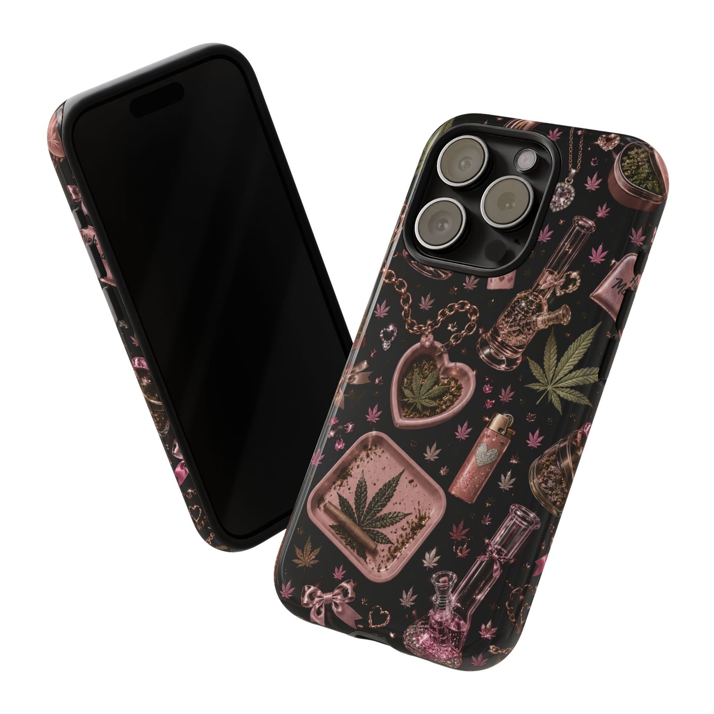 Sunflower Porch Co Pink Cannabis Pattern Tough Case | Weed Leaf Phone Case, Grinder & Lighter Design