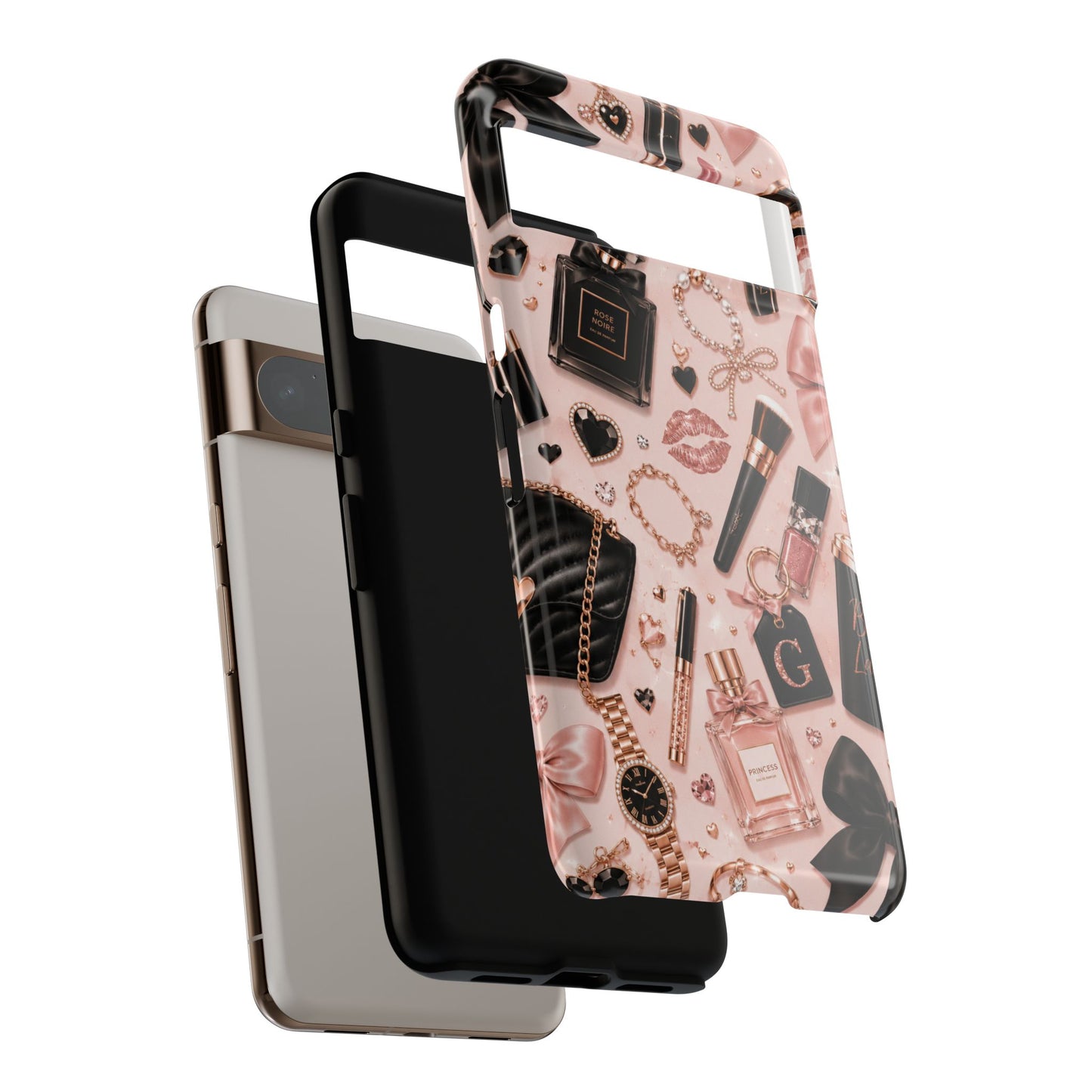 Sunflower Porch Co Glam Makeup Pattern Phone Case | Rose Gold Cosmetics, Perfume, Lipstick