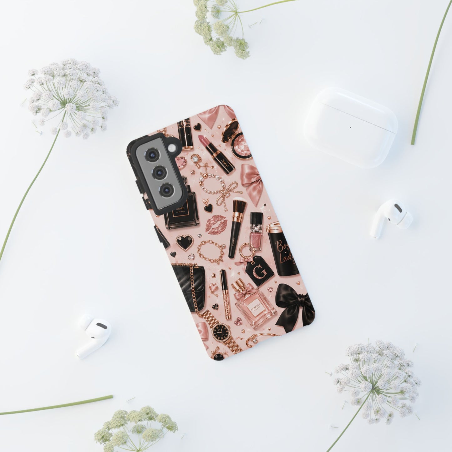 Sunflower Porch Co Glam Makeup Pattern Phone Case | Rose Gold Cosmetics, Perfume, Lipstick