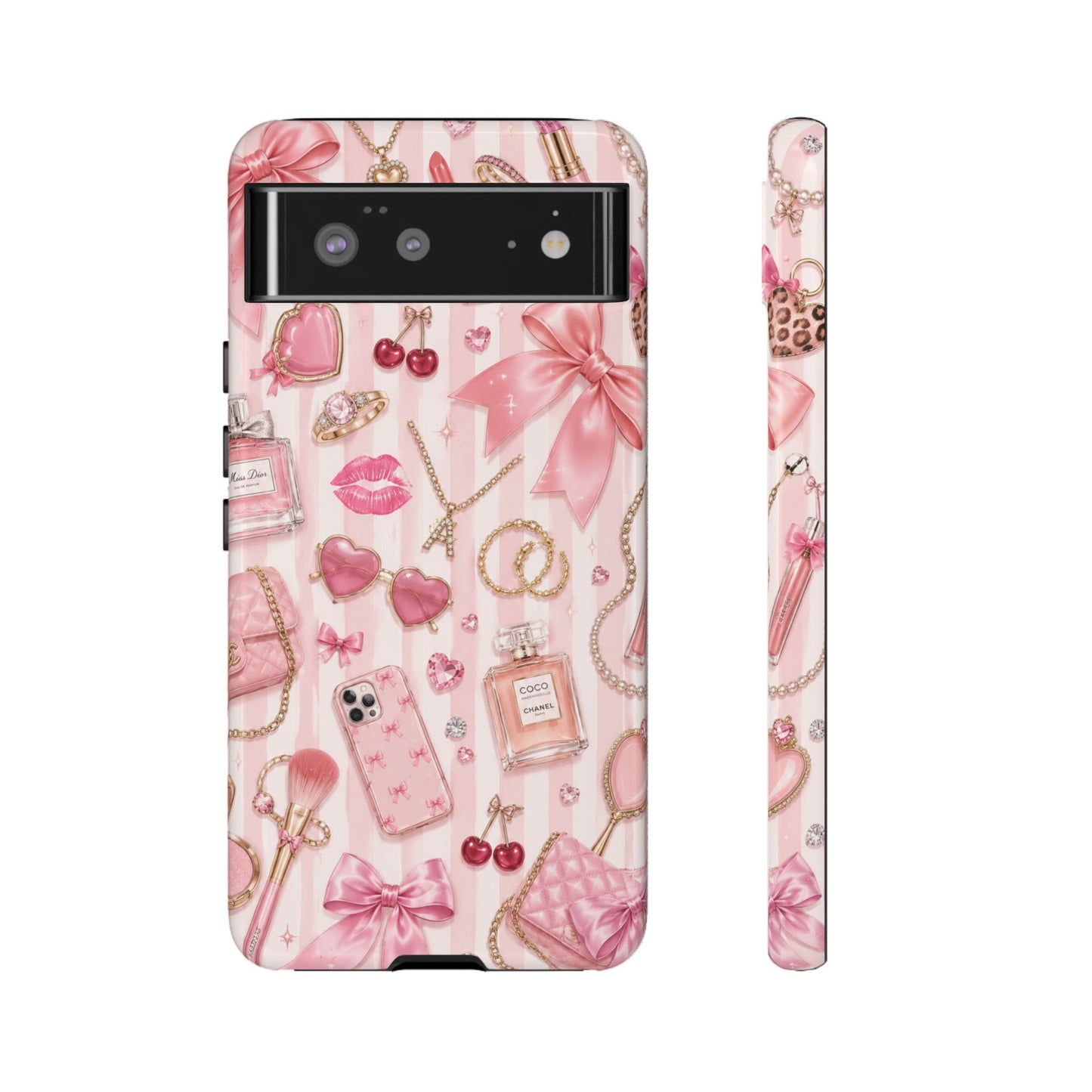 Pink Glam Pattern phone case | Makeup, bows, perfume, lipstick design