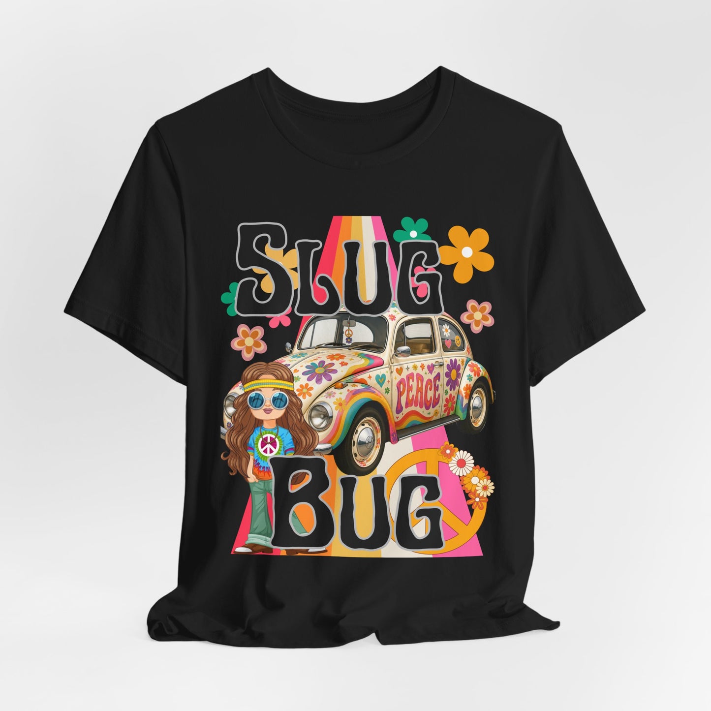 SunflowerPorchCo Hippie Peace Beetle Slug Bug Tee | Retro VW Bug, Flower Power Design