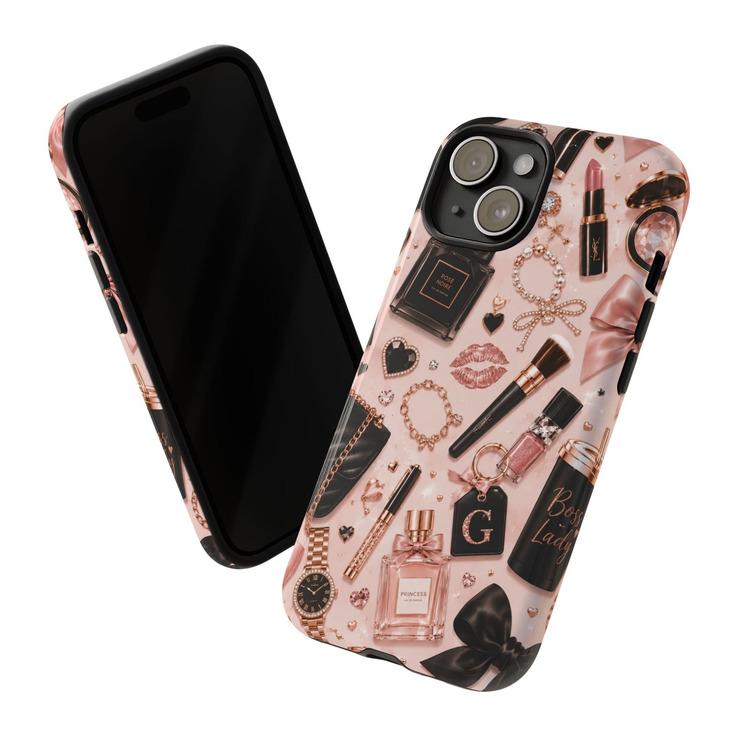 Sunflower Porch Co Glam Makeup Pattern Phone Case | Rose Gold Cosmetics, Perfume, Lipstick