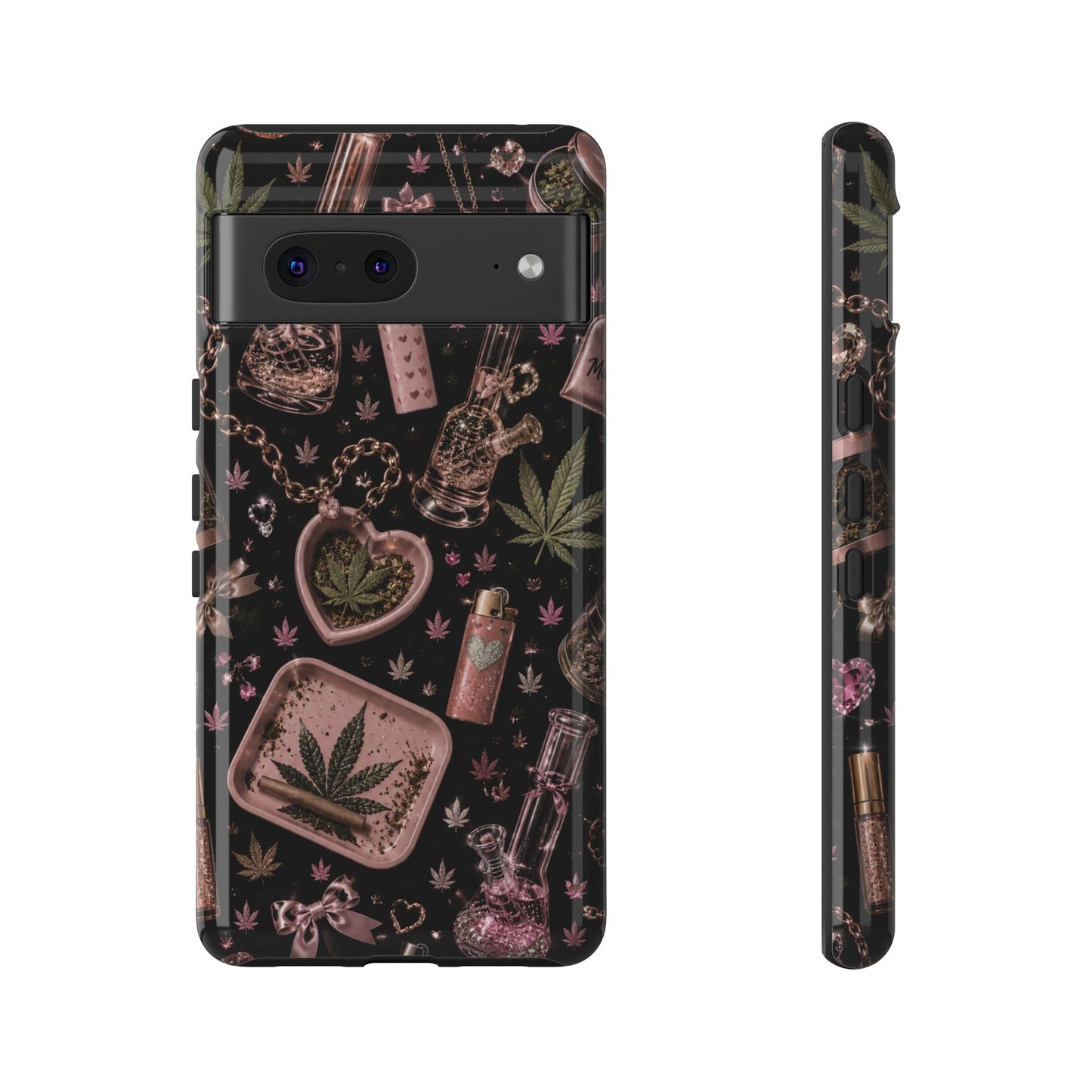 Sunflower Porch Co Pink Cannabis Pattern Tough Case | Weed Leaf Phone Case, Grinder & Lighter Design