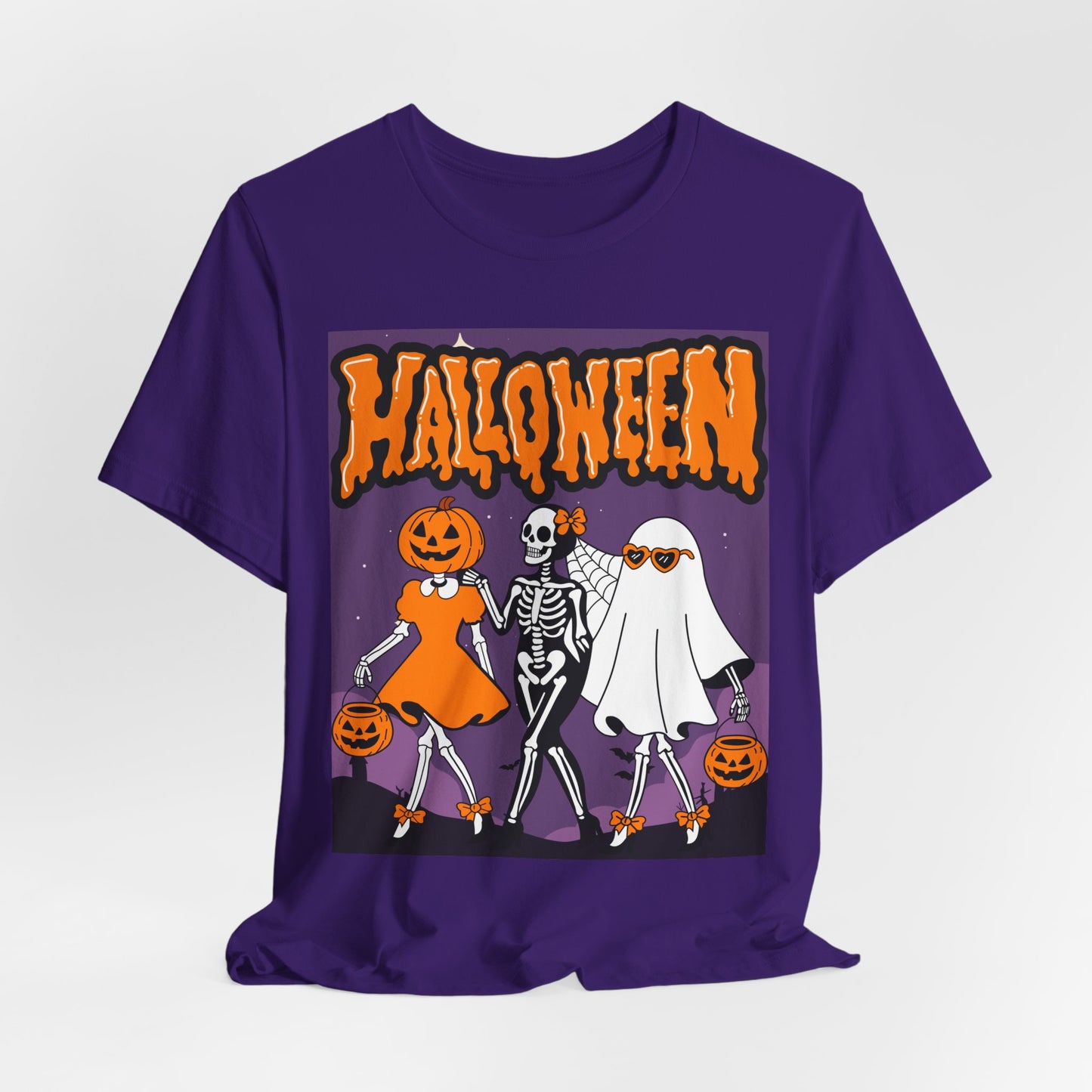 SunflowerPorchCo Dancing Skeletons and Pumpkins Halloween T-Shirt | Retro Spooky Trio Tee