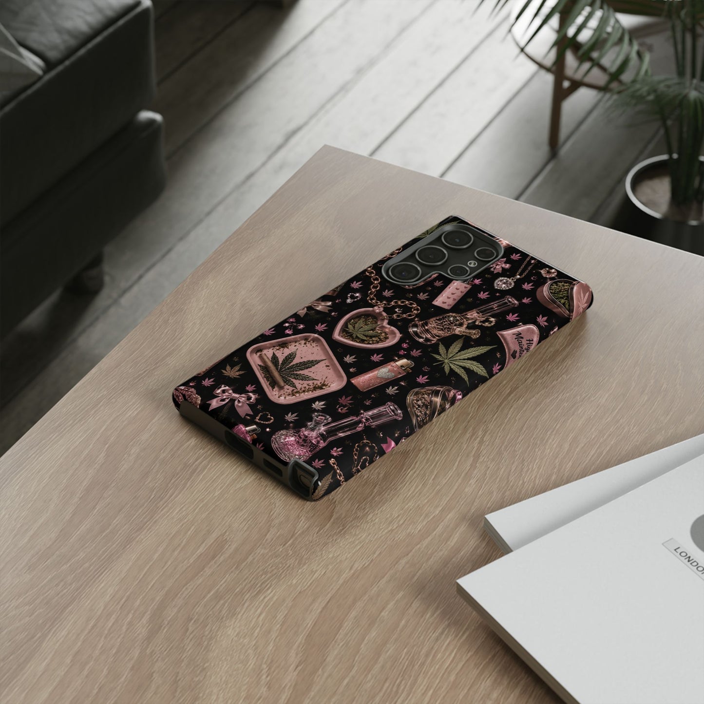 Sunflower Porch Co Pink Cannabis Pattern Tough Case | Weed Leaf Phone Case, Grinder & Lighter Design