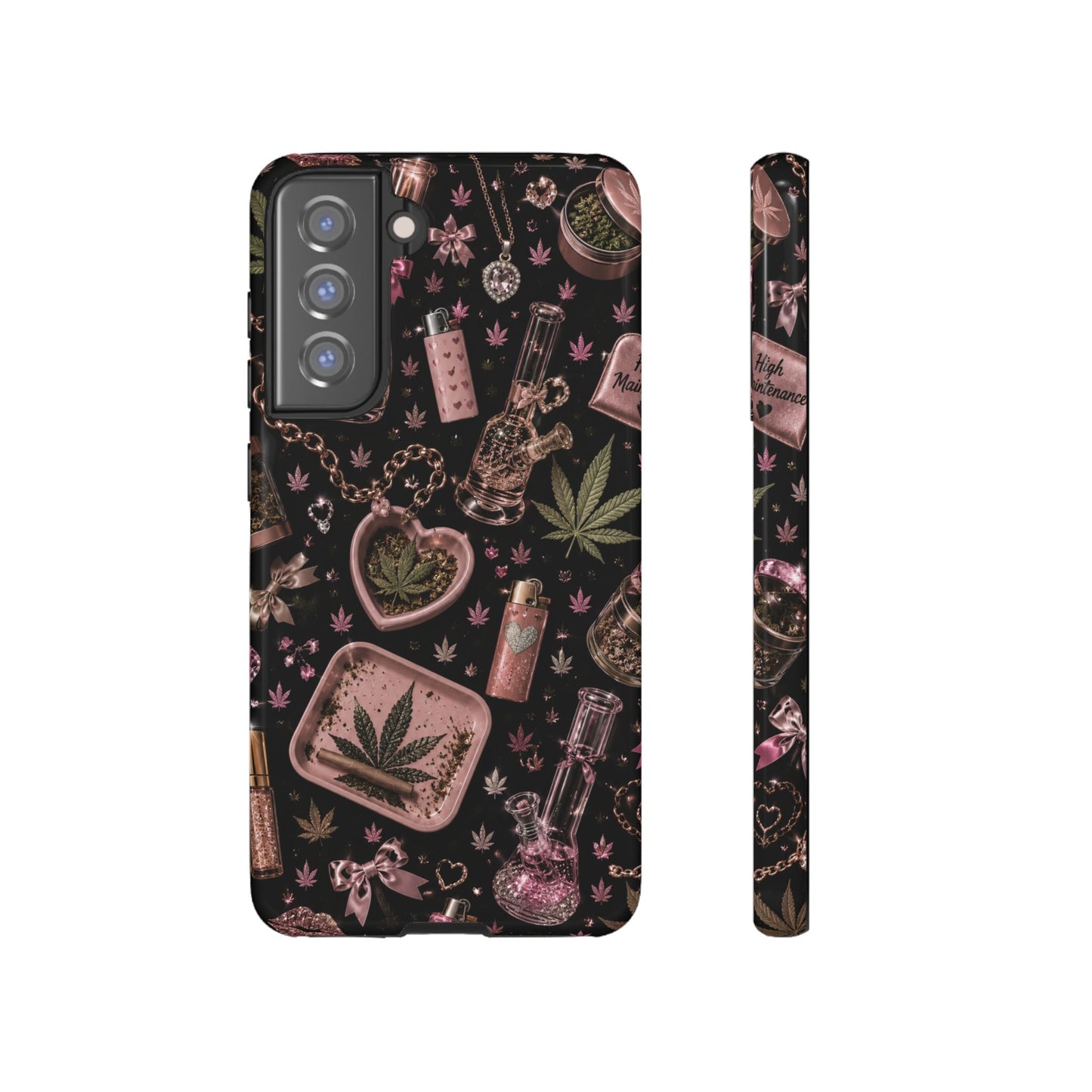 Sunflower Porch Co Pink Cannabis Pattern Tough Case | Weed Leaf Phone Case, Grinder & Lighter Design