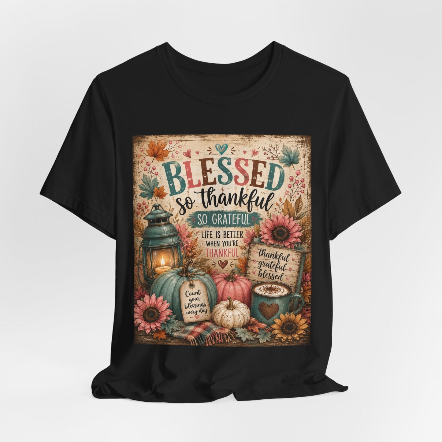 Sunflower Porch Co Blessed So Thankful Thanksgiving Tee | Fall Pumpkin Sunflower Tee