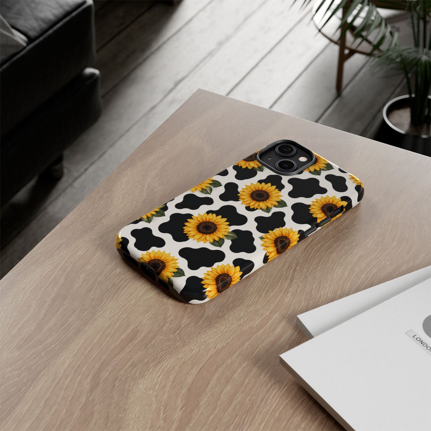Sunflower Cow Print Tough Case | Phone Case, Floral Farm Animal Pattern