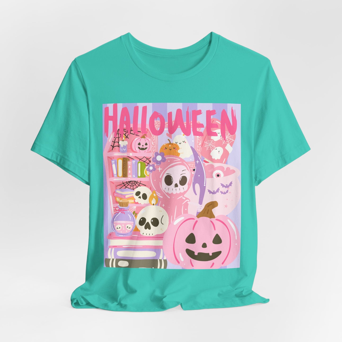 SunflowerPorchCo Pink Cute Halloween Characters Tee | Jack-o'-Lantern Skulls Candy