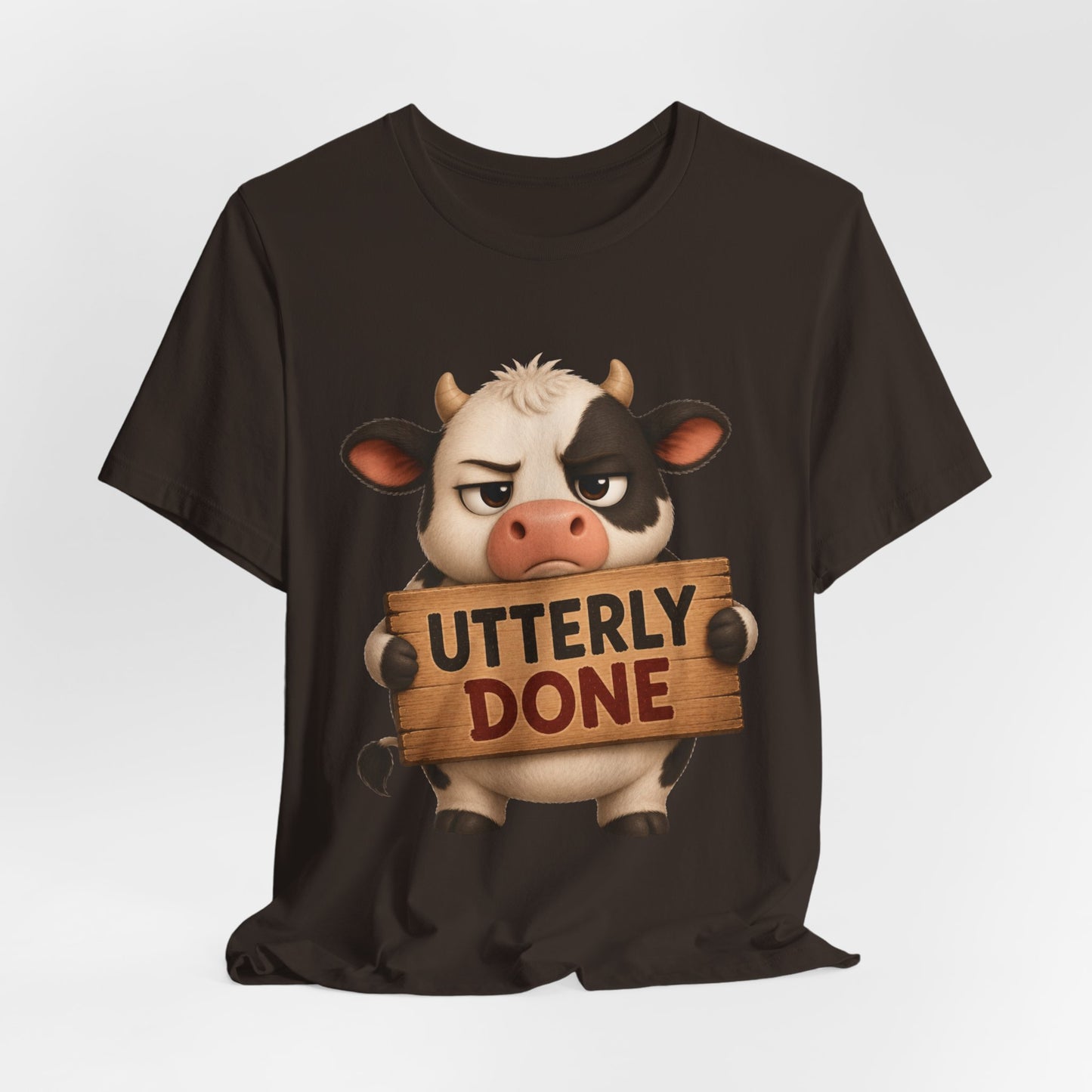 Sunflower Porch Co Utterly Done Cow Graphic Tee — Funny Cute Cow Holding 'Utterly Done' Sign