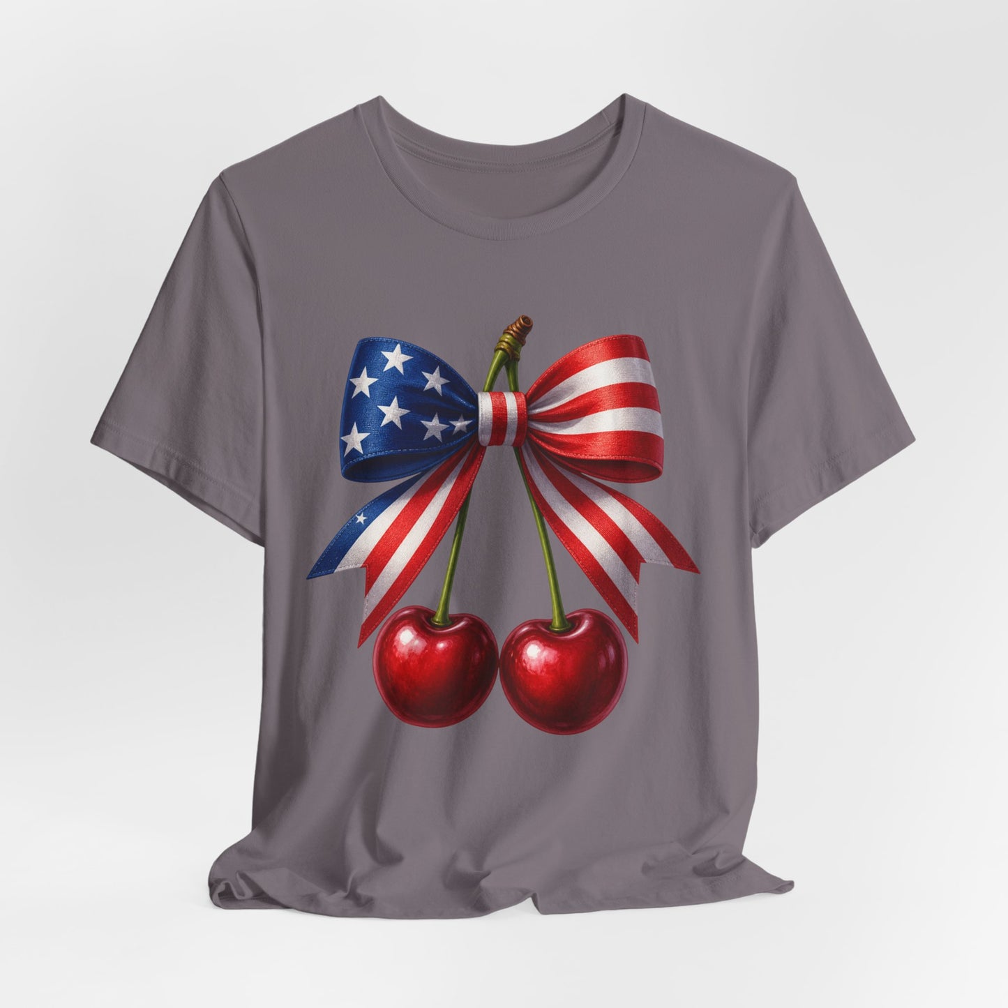 SunflowerPorchCo American Flag Bow with Cherries Tee | Patriotic Fourth of July Shirt