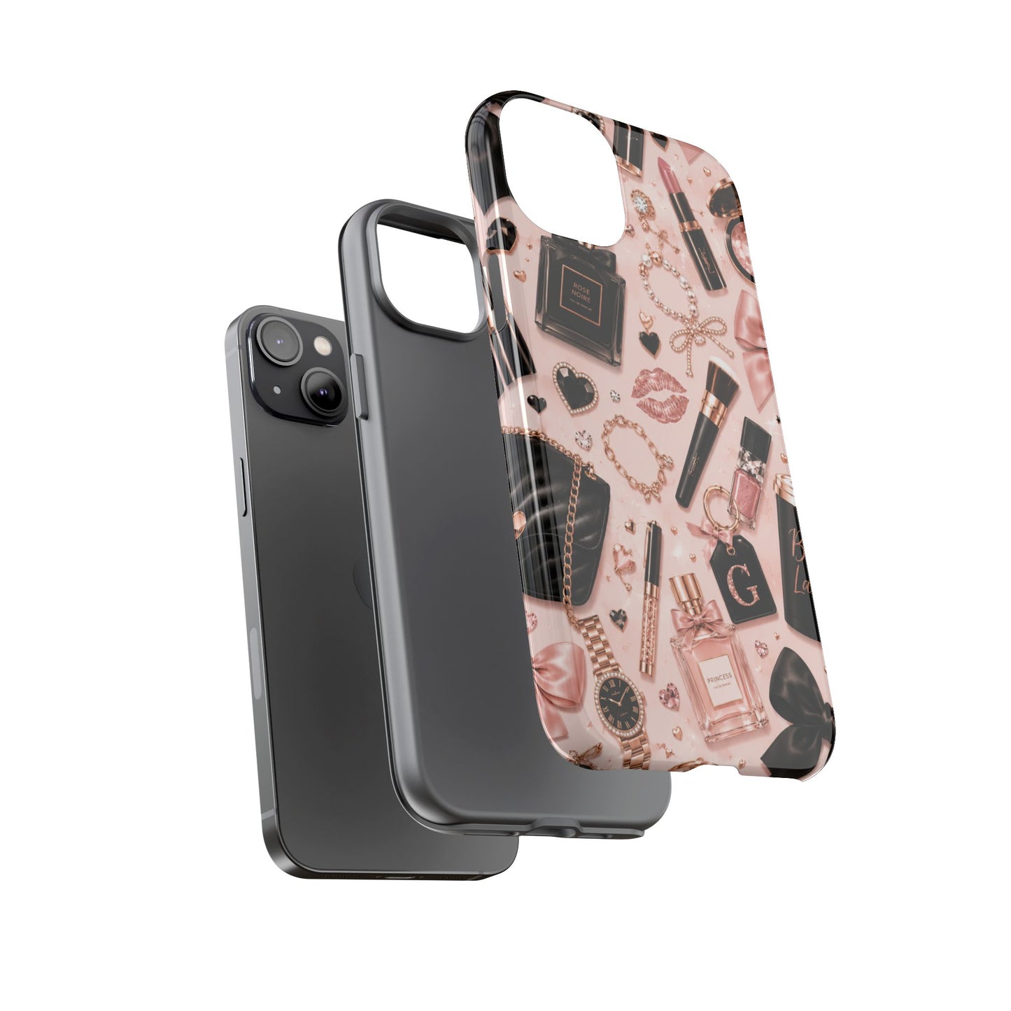 Sunflower Porch Co Glam Makeup Pattern Phone Case | Rose Gold Cosmetics, Perfume, Lipstick