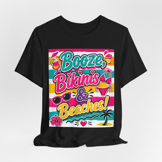 Sunflower Porch Co. Booze Bikinis & Beaches T-Shirt — Summer Beach Party Graphic Tee