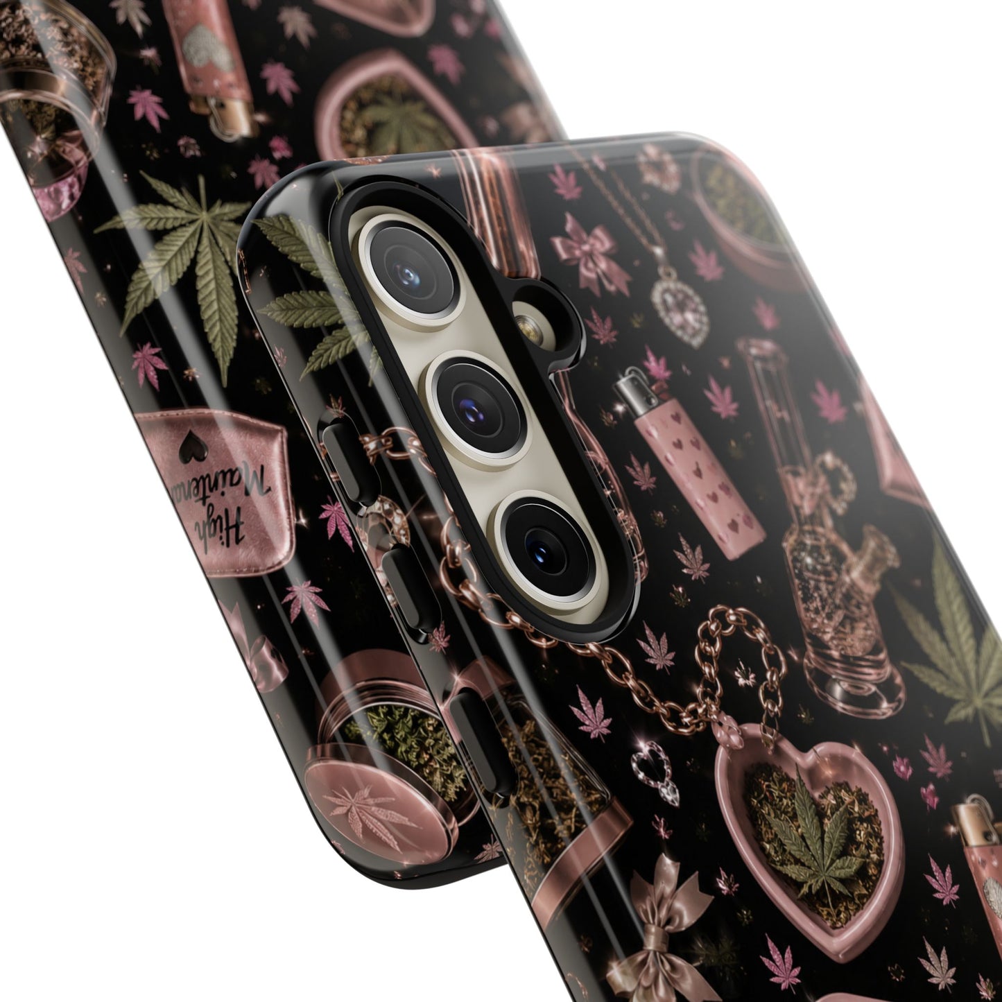 Sunflower Porch Co Pink Cannabis Pattern Tough Case | Weed Leaf Phone Case, Grinder & Lighter Design