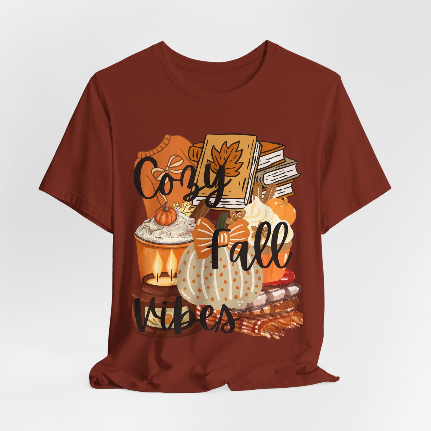 SunflowerPorchCo Cozy Fall Vibes T-Shirt | Pumpkin Books Candle Autumn Tee