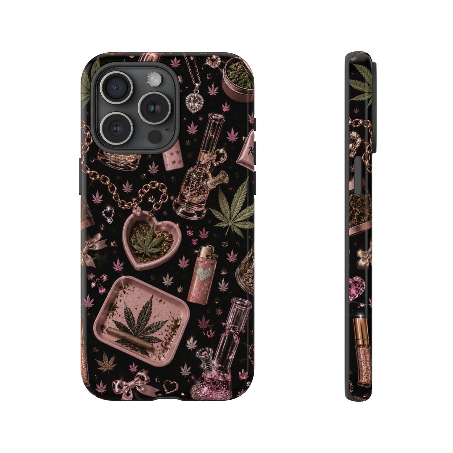 Sunflower Porch Co Pink Cannabis Pattern Tough Case | Weed Leaf Phone Case, Grinder & Lighter Design