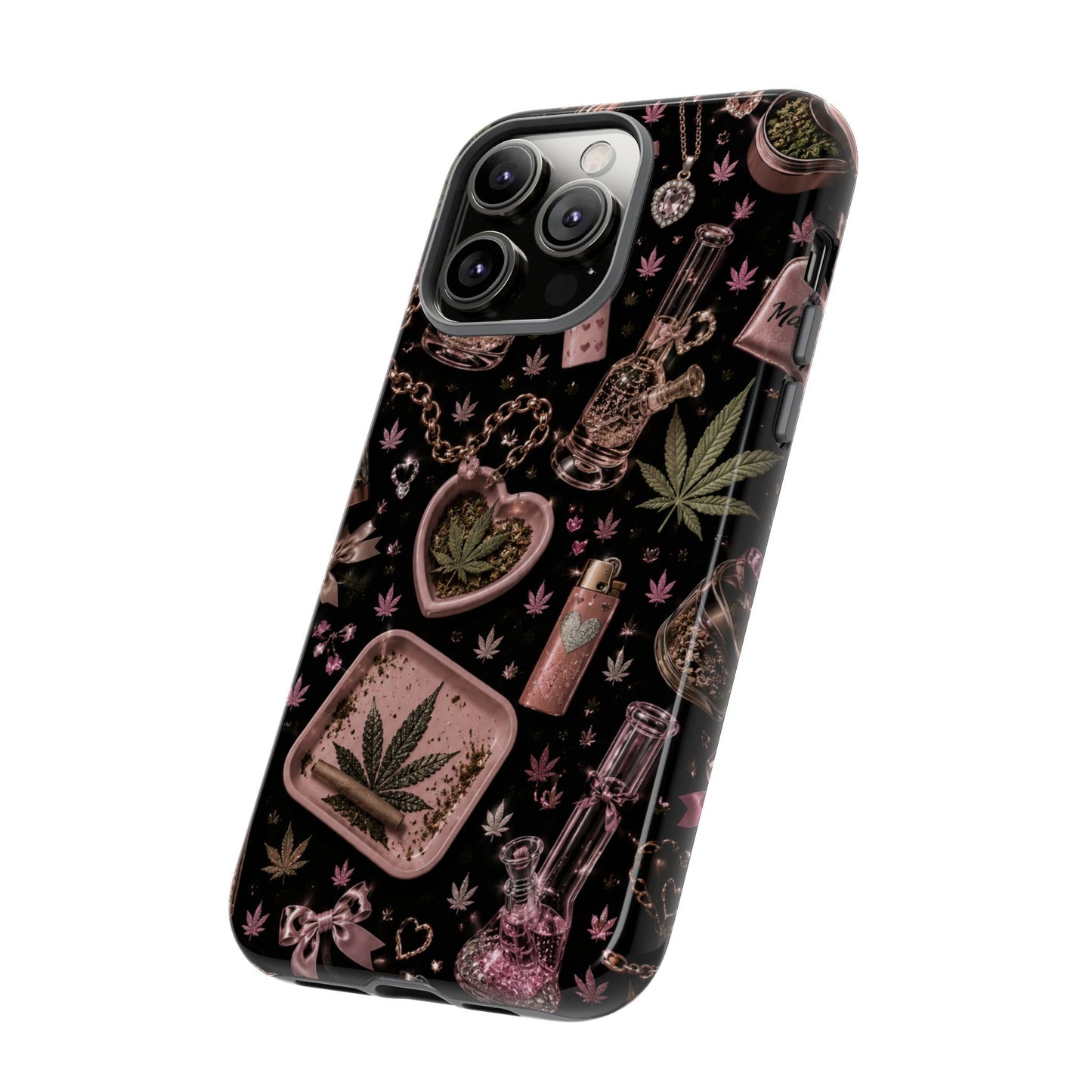 Sunflower Porch Co Pink Cannabis Pattern Tough Case | Weed Leaf Phone Case, Grinder & Lighter Design