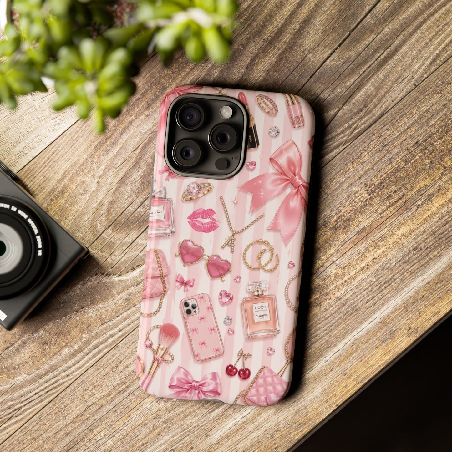 Pink Glam Pattern phone case | Makeup, bows, perfume, lipstick design