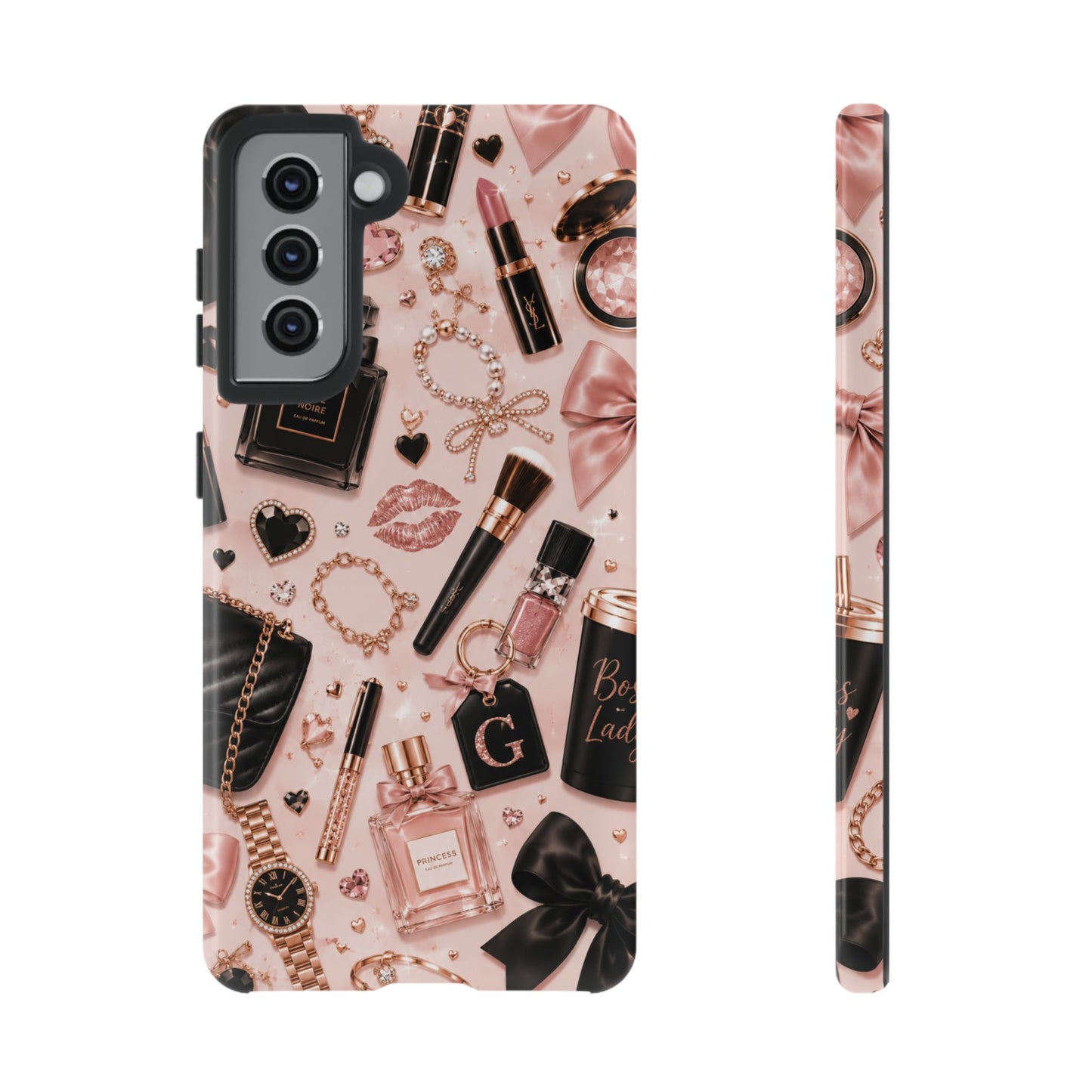 Sunflower Porch Co Glam Makeup Pattern Phone Case | Rose Gold Cosmetics, Perfume, Lipstick