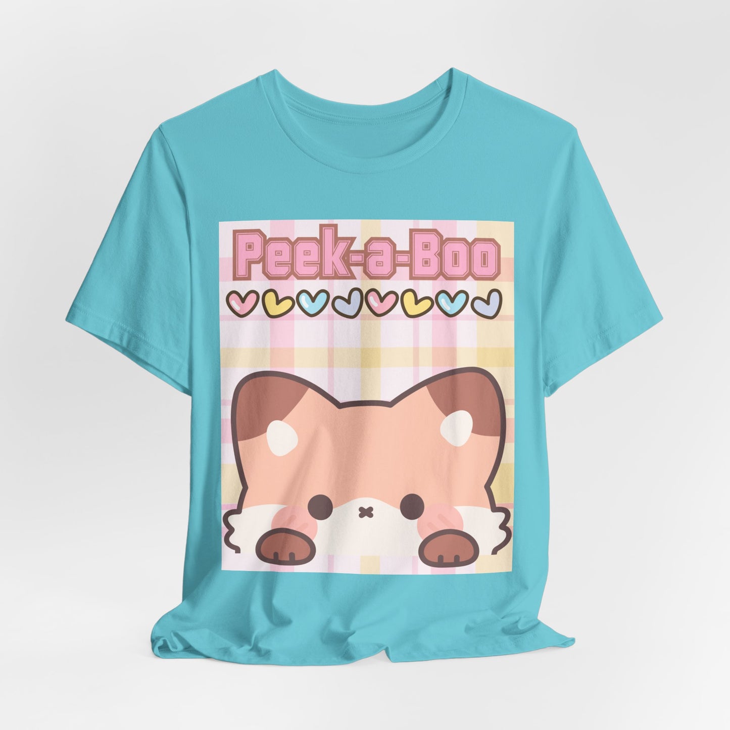 SunflowerPorchCo Peek-a-Boo Kawaii Fox Tee | Cute Pastel Hearts Plaid Shirt
