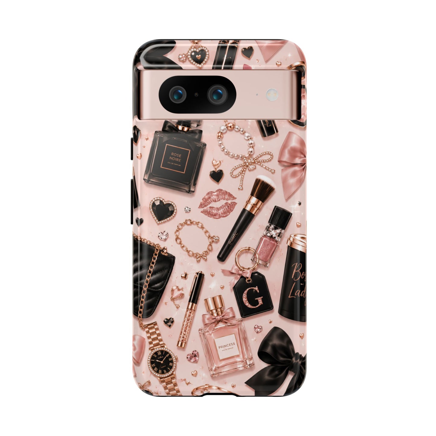 Sunflower Porch Co Glam Makeup Pattern Phone Case | Rose Gold Cosmetics, Perfume, Lipstick