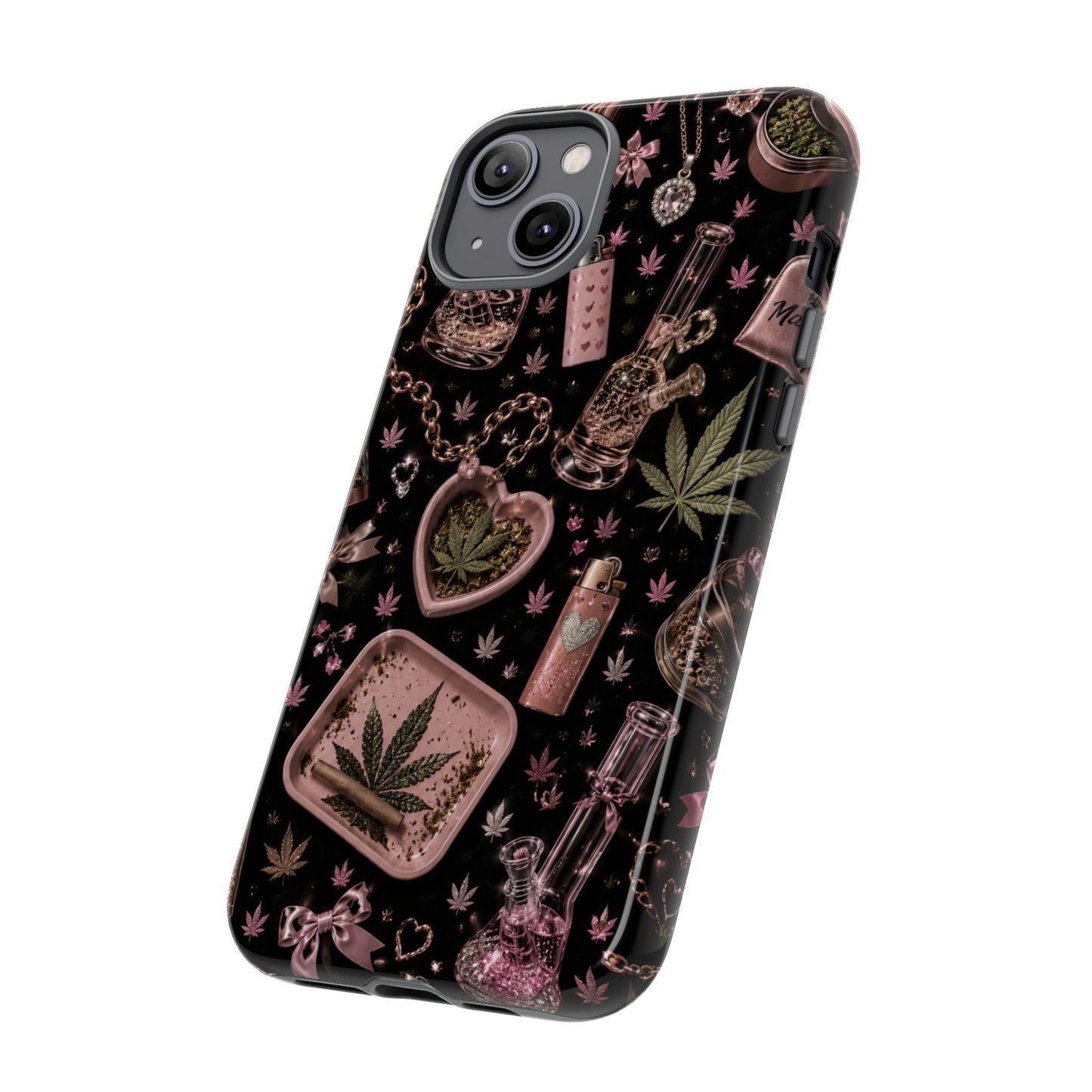 Sunflower Porch Co Pink Cannabis Pattern Tough Case | Weed Leaf Phone Case, Grinder & Lighter Design