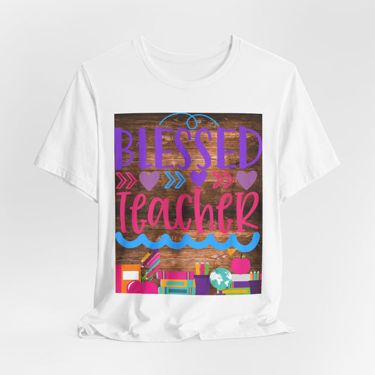 Sunflower Porch Co Blessed Teacher T-Shirt - Colorful School Supplies Graphic Tee for Educators