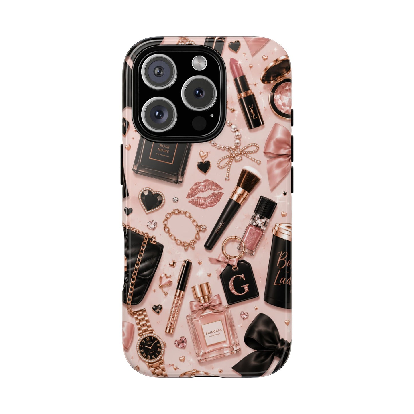 Sunflower Porch Co Glam Makeup Pattern Phone Case | Rose Gold Cosmetics, Perfume, Lipstick