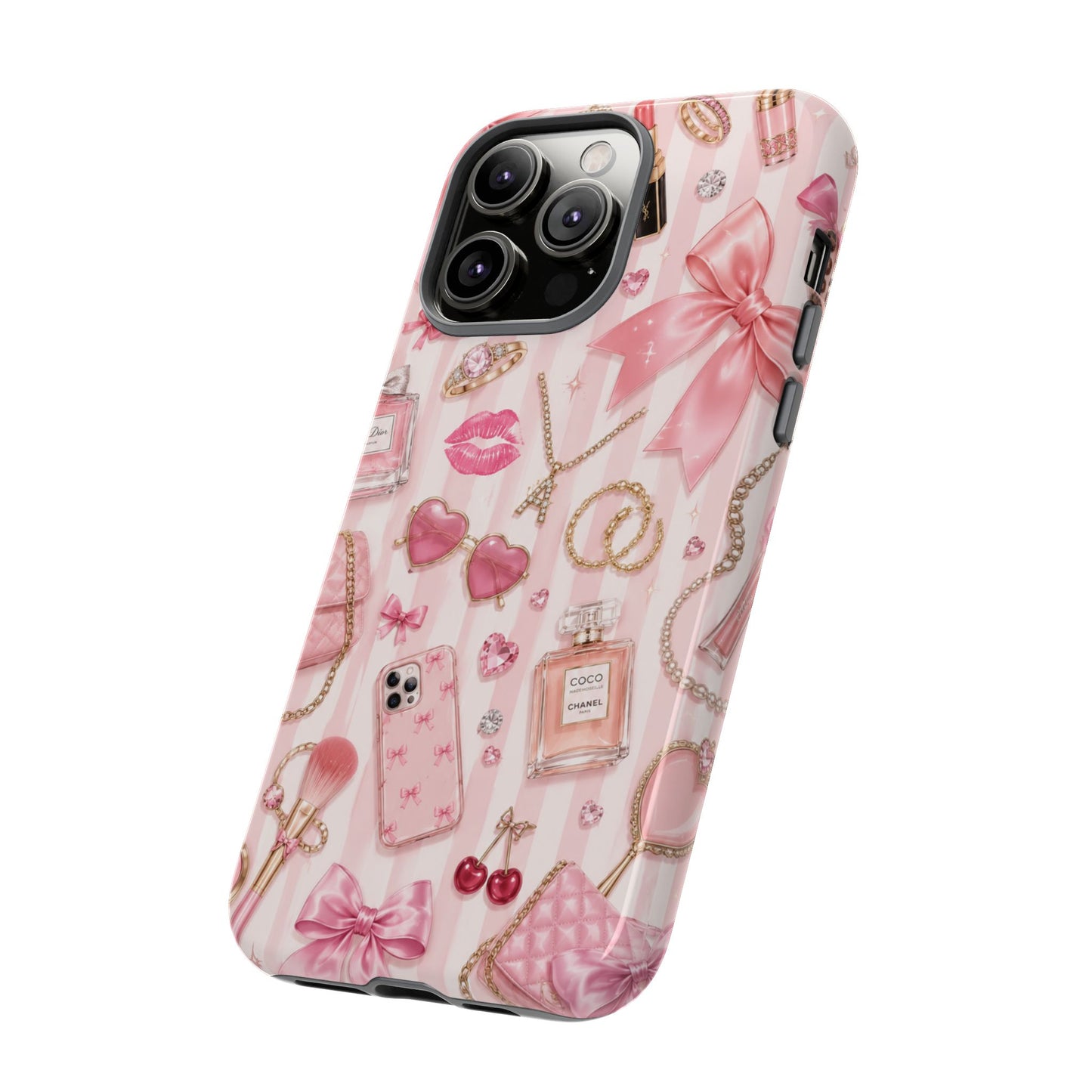 Pink Glam Pattern phone case | Makeup, bows, perfume, lipstick design