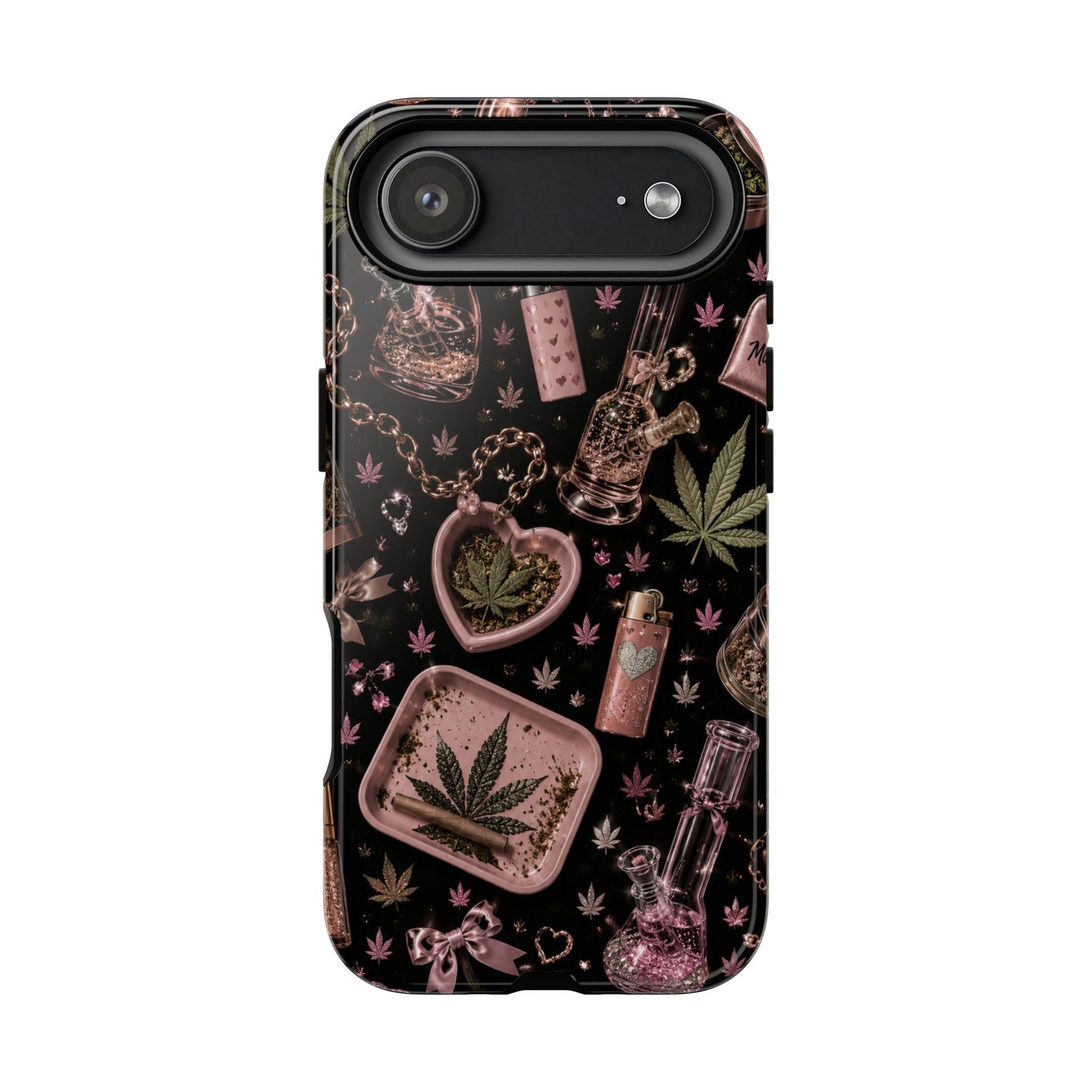 Sunflower Porch Co Pink Cannabis Pattern Tough Case | Weed Leaf Phone Case, Grinder & Lighter Design
