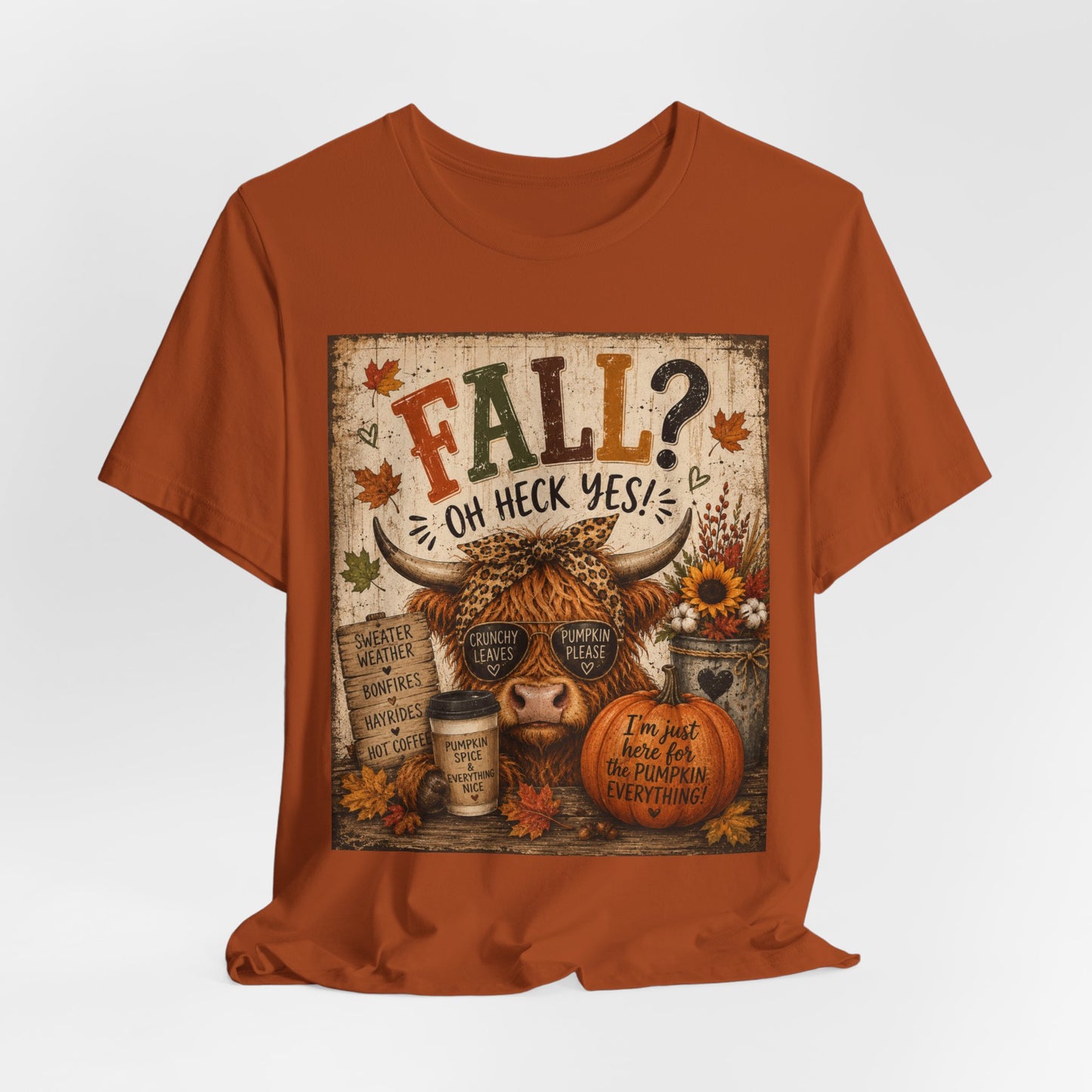 Sunflower Porch Co Fall? Oh Heck Yes! Highland Cow Pumpkin Tee | Autumn Coffee Leaves Shirt