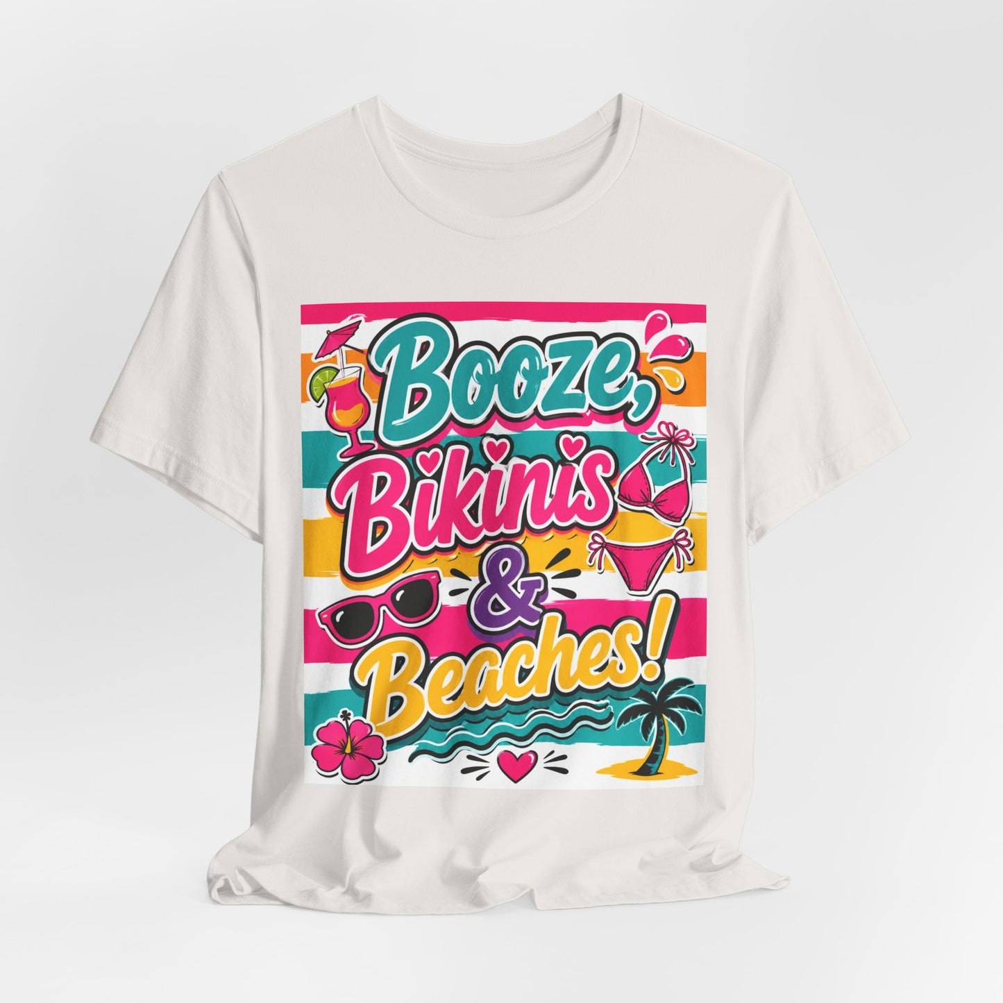 Sunflower Porch Co. Booze Bikinis & Beaches T-Shirt — Summer Beach Party Graphic Tee