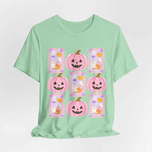 SunflowerPorchCo Pink Jack-O'-Lantern Pattern Tee | Cute Halloween Pumpkins
