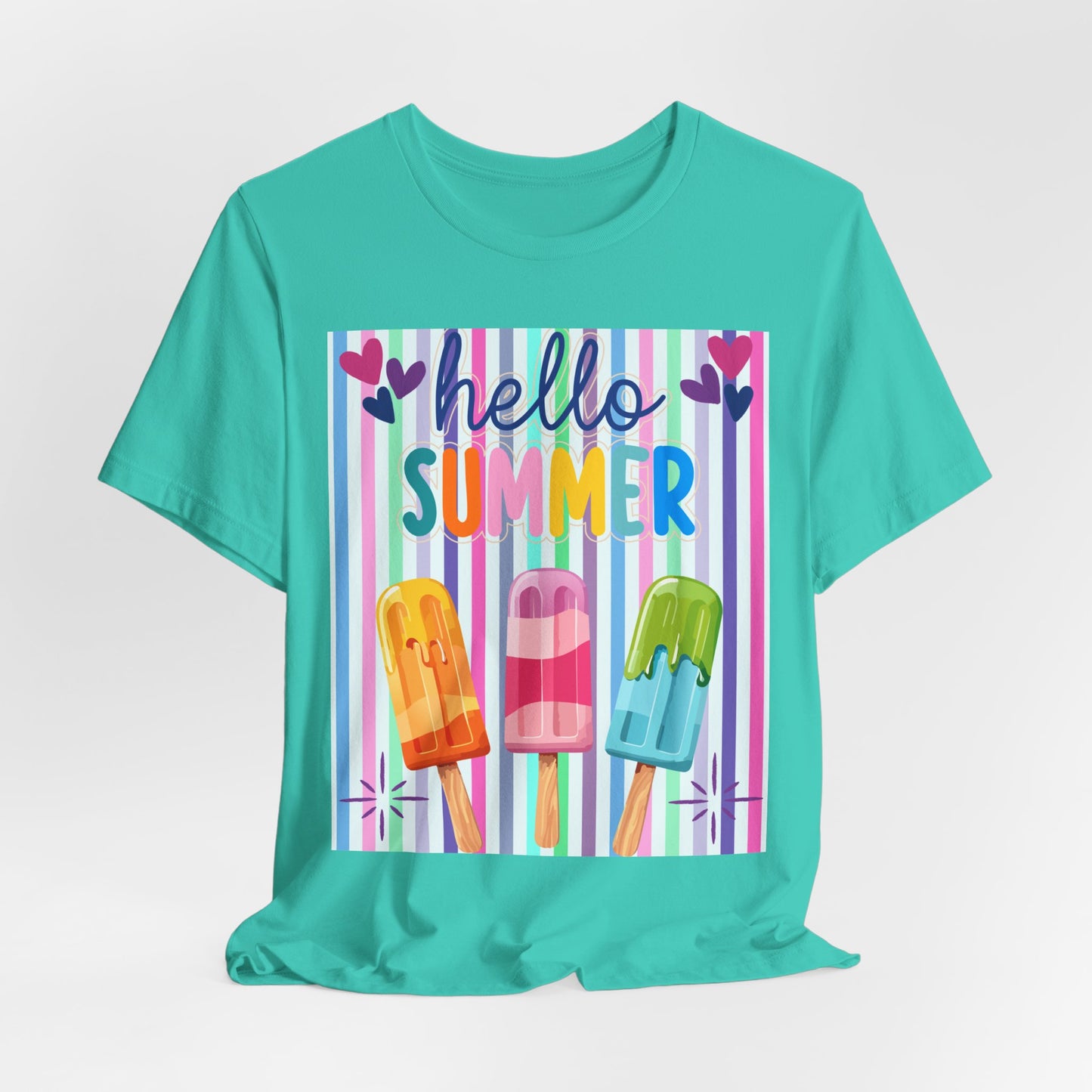 Sunflower Porch Co Hello Summer Popsicles T-Shirt | Colorful Stripes, Cute Ice Cream Design