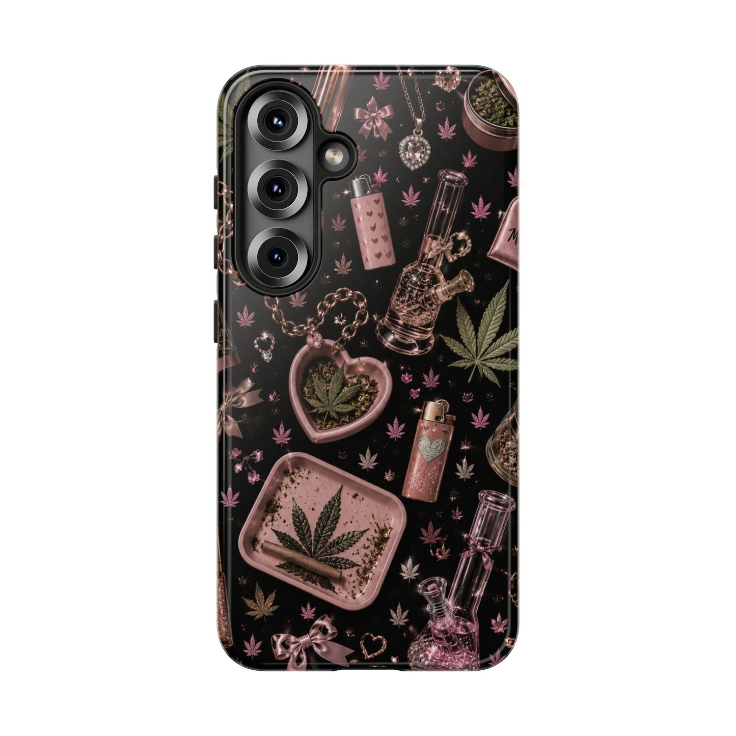 Sunflower Porch Co Pink Cannabis Pattern Tough Case | Weed Leaf Phone Case, Grinder & Lighter Design