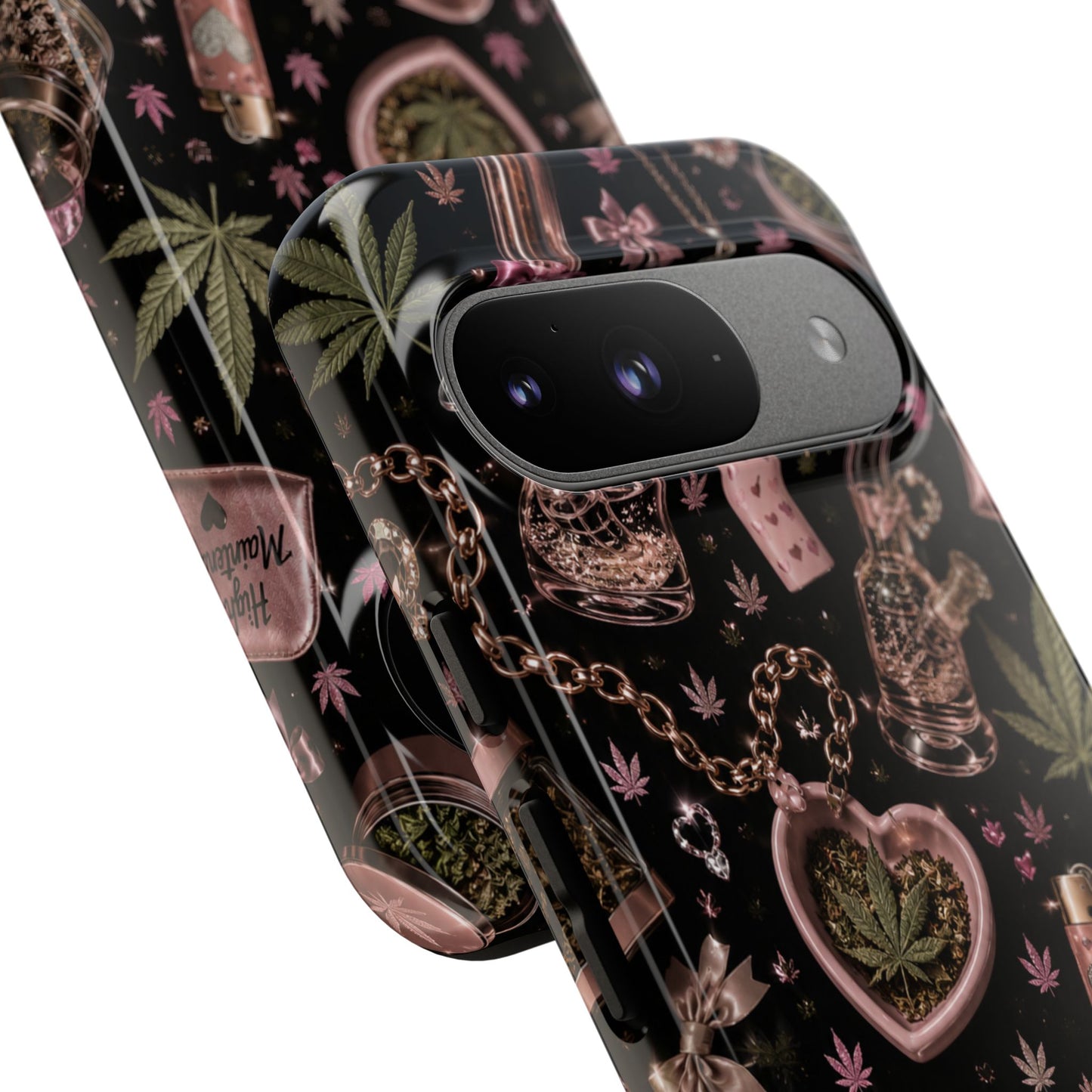 Sunflower Porch Co Pink Cannabis Pattern Tough Case | Weed Leaf Phone Case, Grinder & Lighter Design