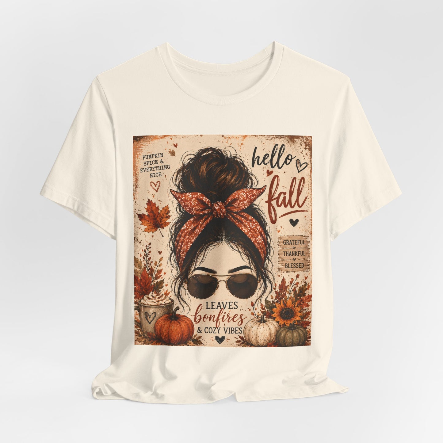 Sunflower Porch Co Hello Fall messy bun graphic Tee | Pumpkin leaves sunflower autumn design