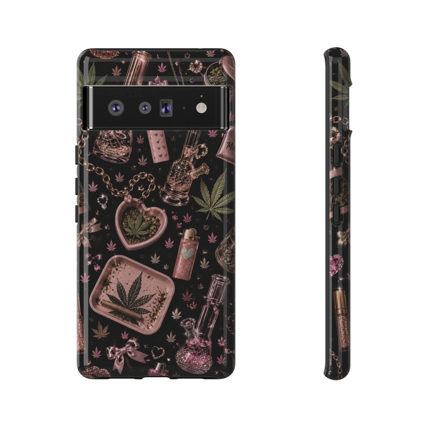 Sunflower Porch Co Pink Cannabis Pattern Tough Case | Weed Leaf Phone Case, Grinder & Lighter Design